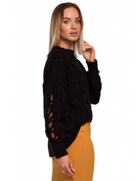 M539 Pullover sweater with decorative split sleeves - black