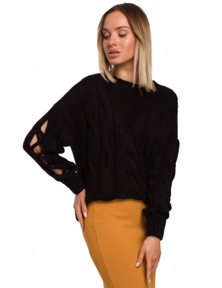 M539 Pullover sweater with decorative split sleeves - black