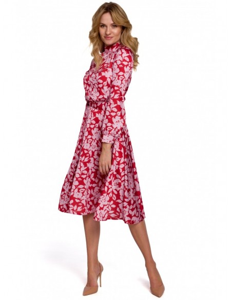 K084 Floral print flared dress with split back - model 1