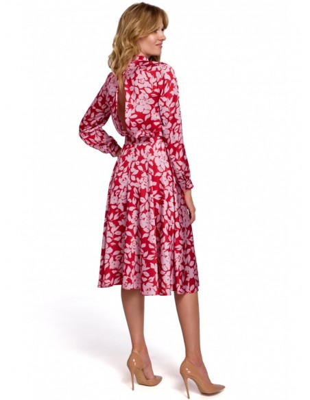 K084 Floral print flared dress with split back - model 1