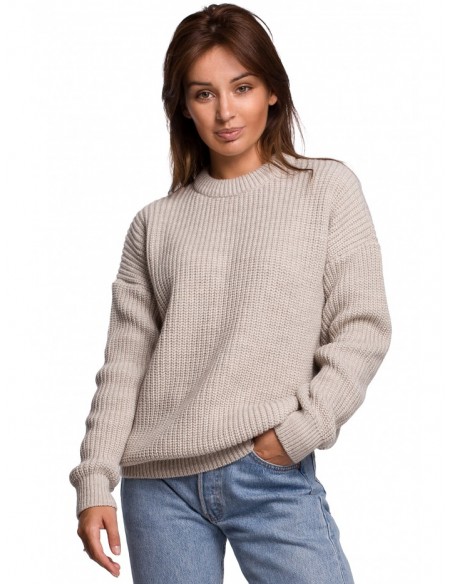 BK052 Ribbed knit pullover sweater - beige