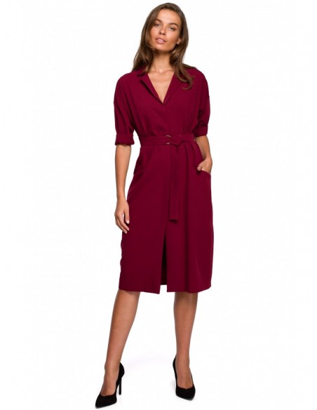 S230 Midi shirt dress with patch pockets - maroon