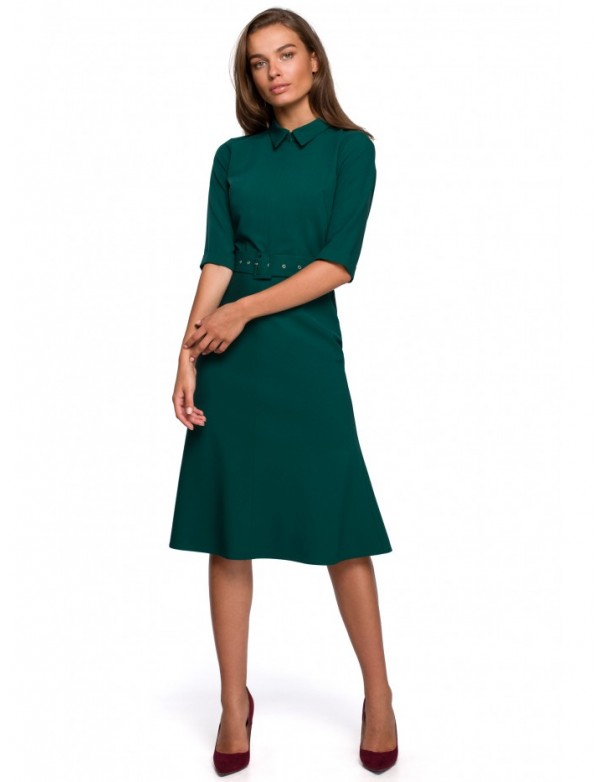 S231 Collar dres with a buckle belt - green