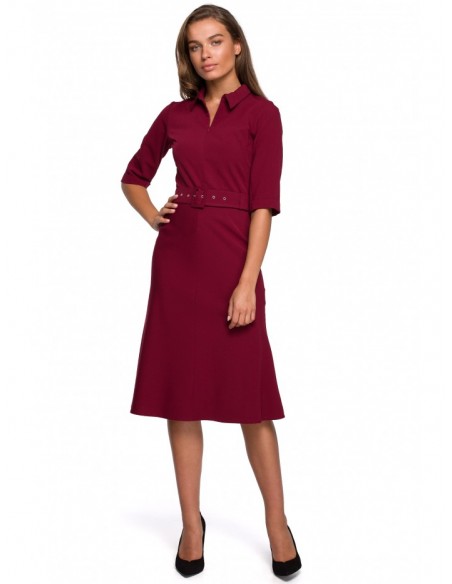 S231 Collar dres with a buckle belt - maroon