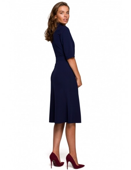 S231 Collar dres with a buckle belt - navy blue