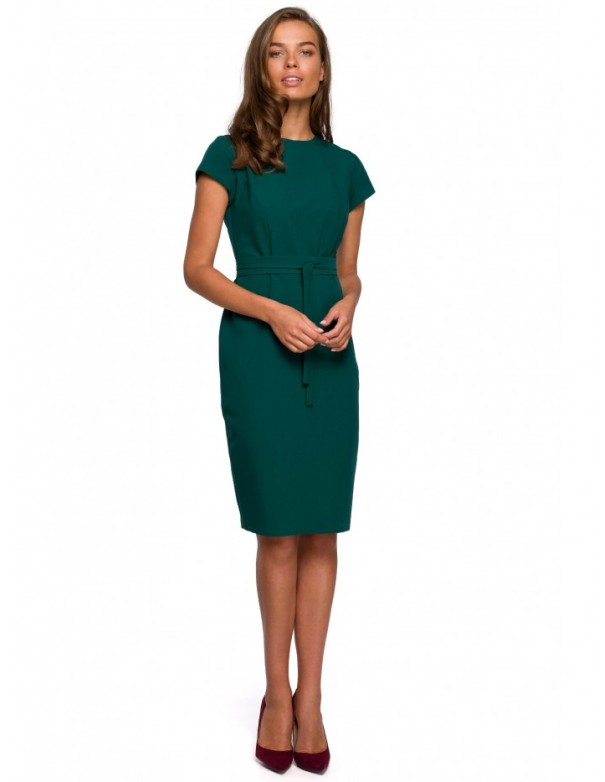 S239 Pencil dress with a tie belt - green
