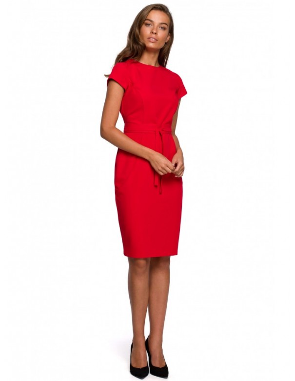 S239 Pencil dress with a tie belt - red