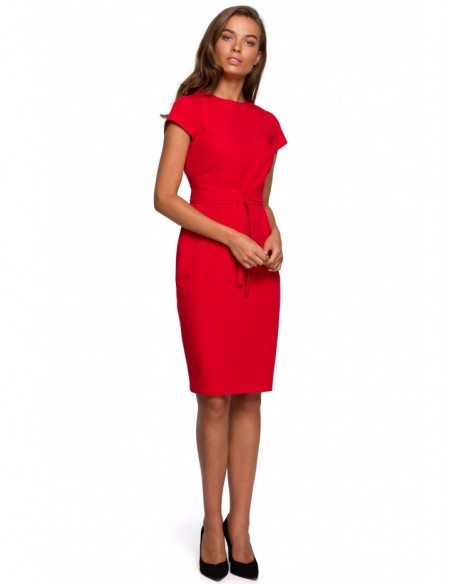 S239 Pencil dress with a tie belt - red