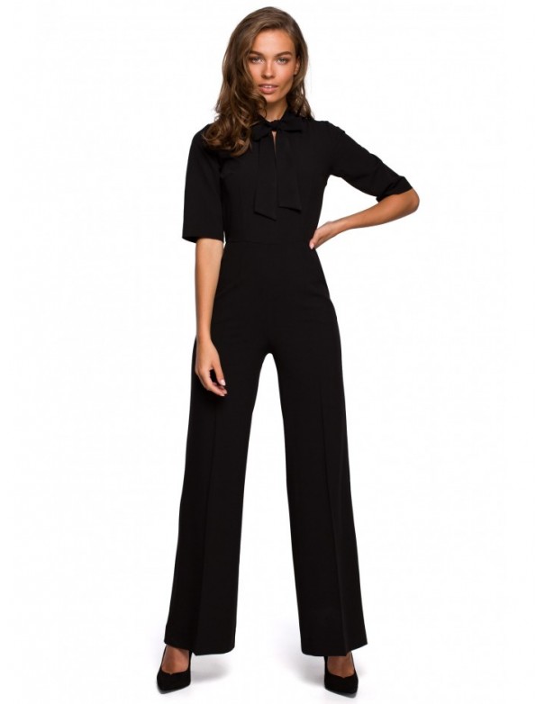 S243 Elegant jumpsuit with a tie neck - black