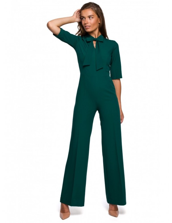 S243 Elegant jumpsuit with a tie neck - green