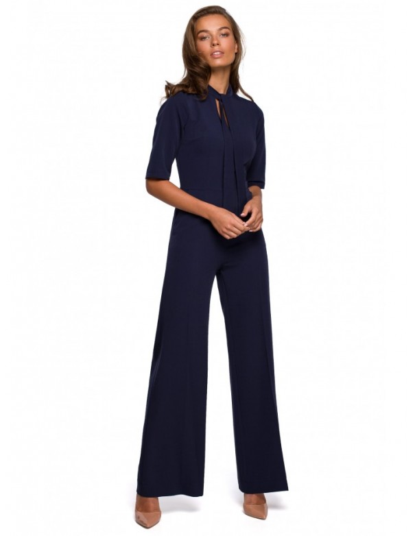 S243 Elegant jumpsuit with a tie neck - navy blue