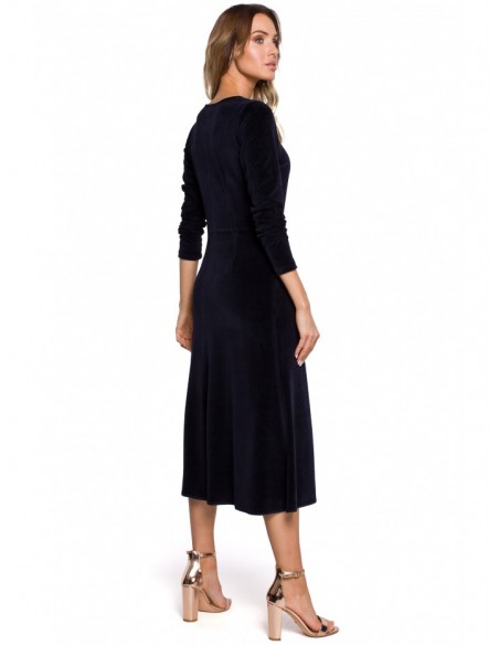 M557 Velvet Midi Dress With Gathered Sleeves - navy blue