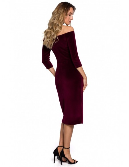 M559 Velvet Drop Shoulder Dress With A High Split - maroon