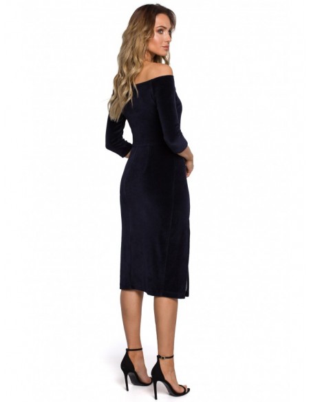 M559 Velvet Drop Shoulder Dress With A High Split - navy blue