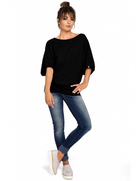 B048 Oversized blouse with a wrap detail - black