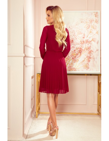  313-8 ISABELLE Pleated dress with neckline and long sleeve - Burgundy color 