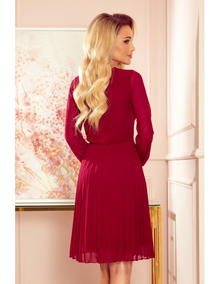  313-8 ISABELLE Pleated dress with neckline and long sleeve - Burgundy color 