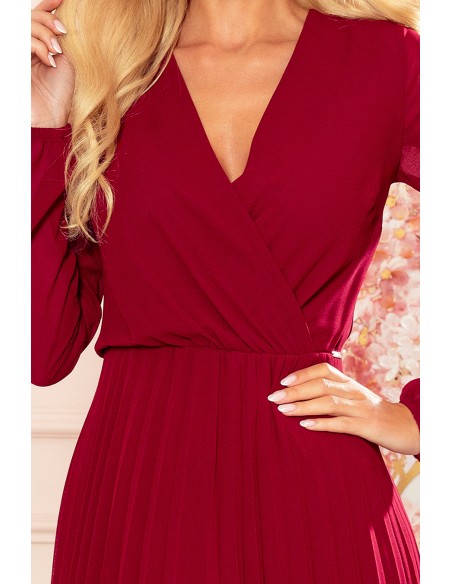  313-8 ISABELLE Pleated dress with neckline and long sleeve - Burgundy color 