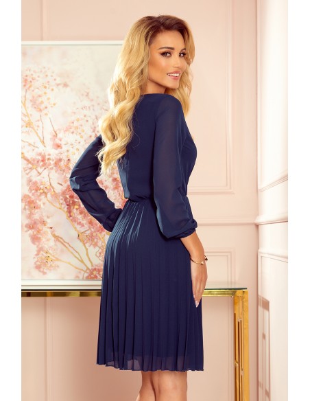  313-6 ISABELLE Pleated dress with neckline and long sleeve - dark blue 
