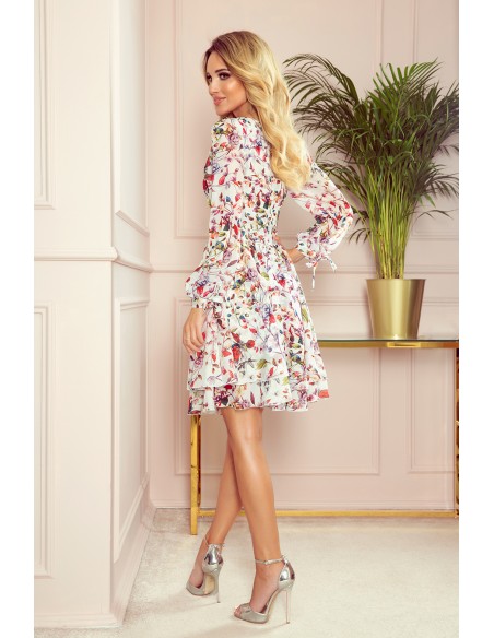  305-1 ZOE flimsy dress with a neckline - colorful flowers on a light background 