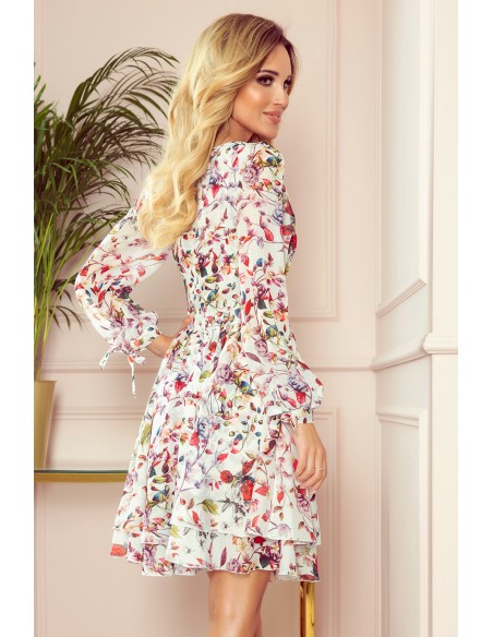  305-1 ZOE flimsy dress with a neckline - colorful flowers on a light background 