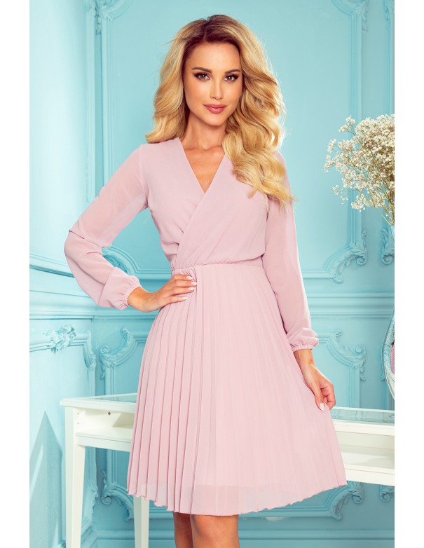  313-4 ISABELLE Pleated dress with neckline and long sleeve - powder pink 