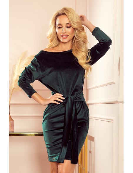  209-9 Dress with a wide tied belt - velor - dark green 