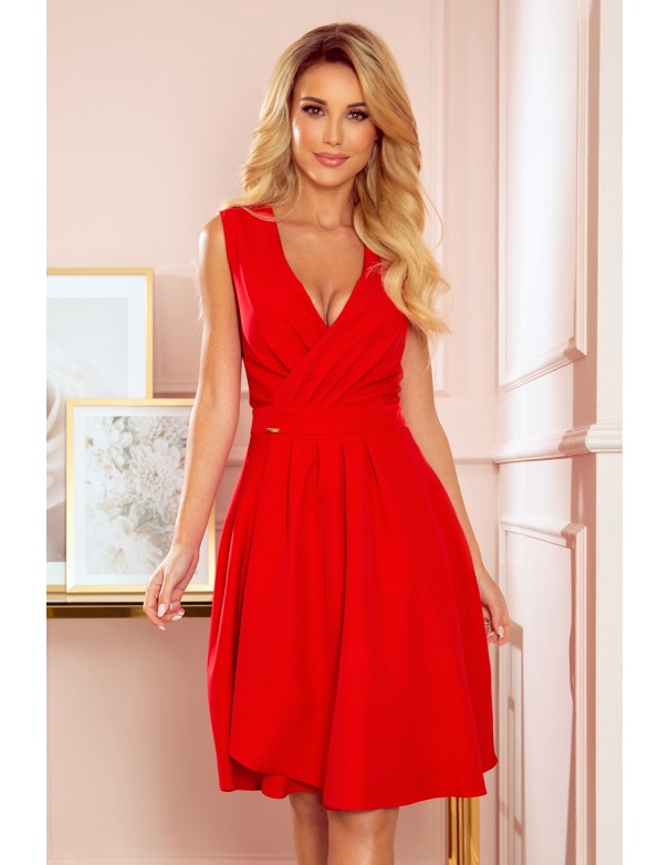  338-1 ELENA elegant dress with a neckline and pleats - red 