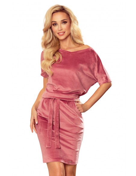  249-4 CASSIE - velvet dress with short sleeves - dirty pink 