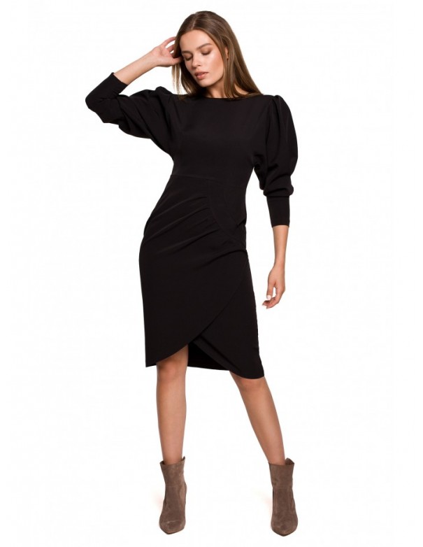 S284 Puff sleeve dress with wrap front - black