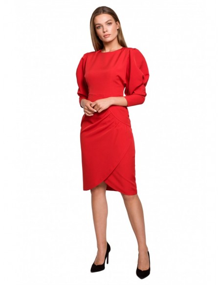 S284 Puff sleeve dress with wrap front - red