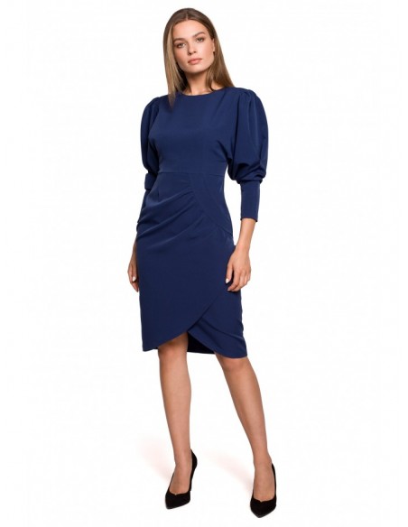 S284 Puff sleeve dress with wrap front - navy blue