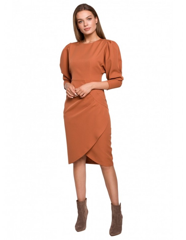 S284 Puff sleeve dress with wrap front - ginger