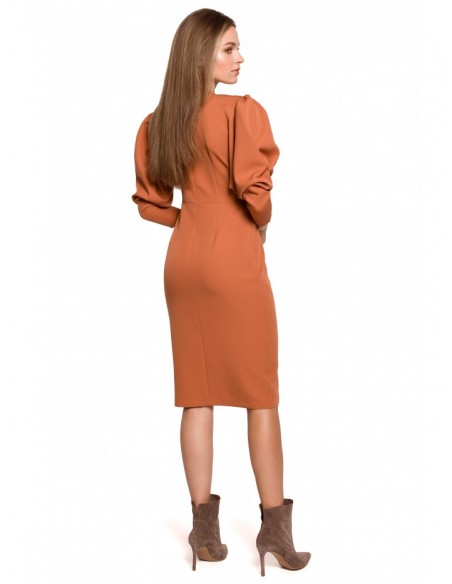 S284 Puff sleeve dress with wrap front - ginger