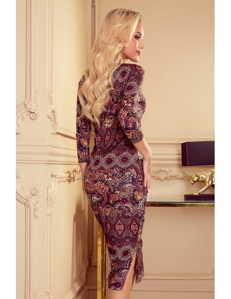  353-1 Fitted dress with a slit on the side - brown boho 