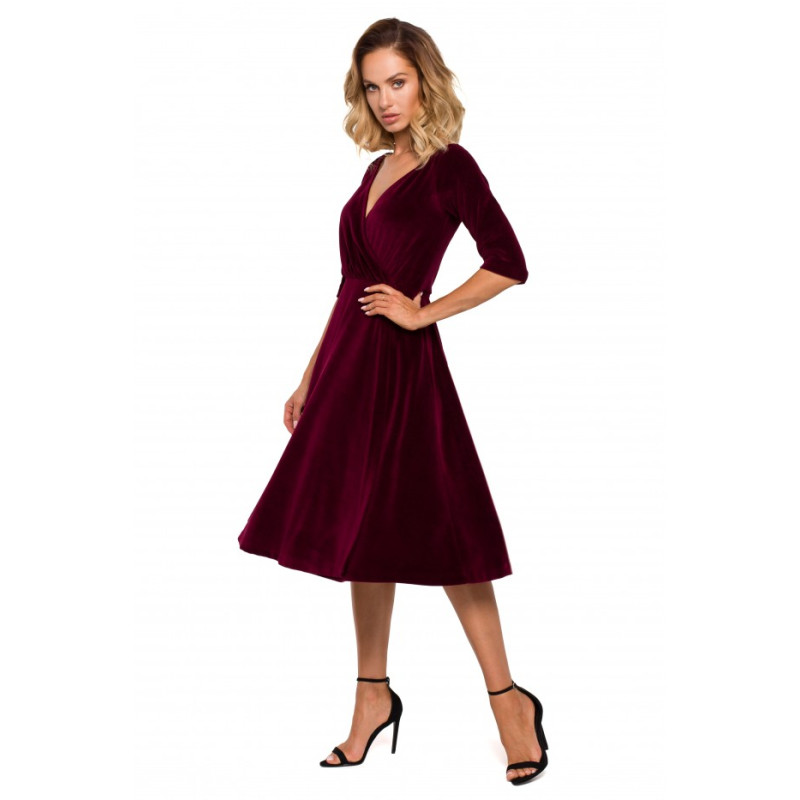 M645 Velvet wrap front midi dress - maroon 2