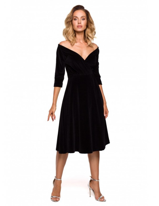 M645 Velvet wrap front midi dress - black