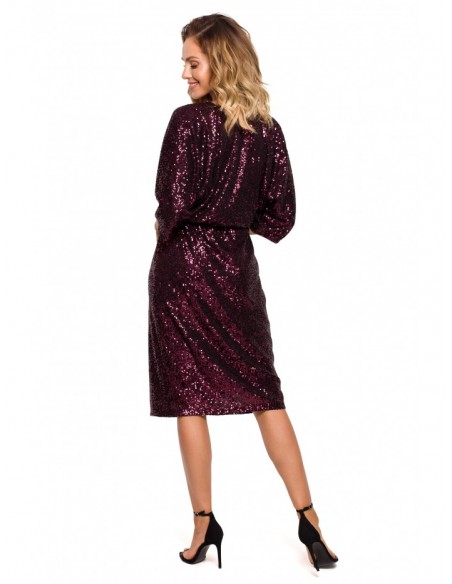 M653 Midi sequin dress with wrap front - wine