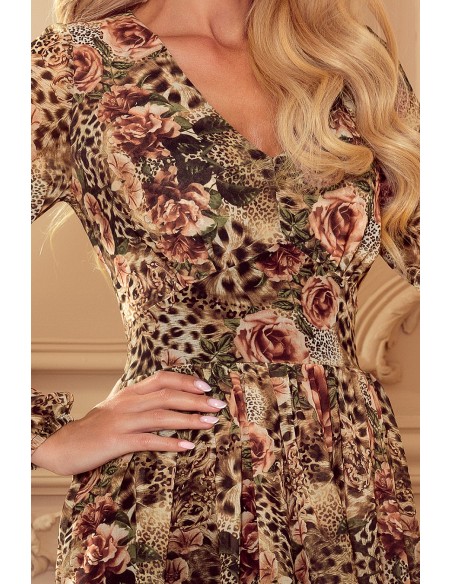  357-2 Chiffon dress with a neckline and a tie on the back - leopard print + roses 