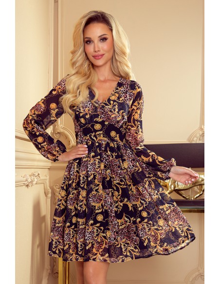  357-3 Chiffon dress with a neckline and a tie on the back - leopard print + roses 
