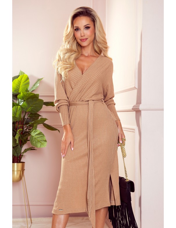  356-1 Wrap sweater dress with a binding - beige stripes 