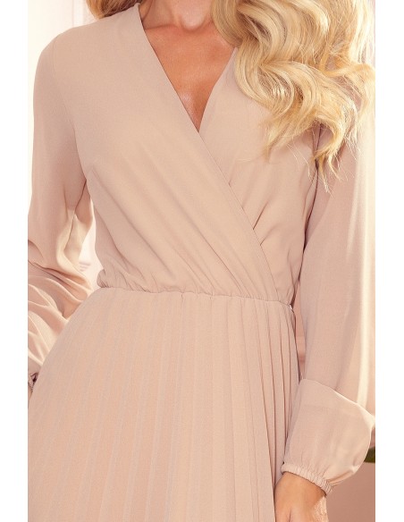  313-9 ISABELLE Pleated dress with neckline and long sleeve - beige 