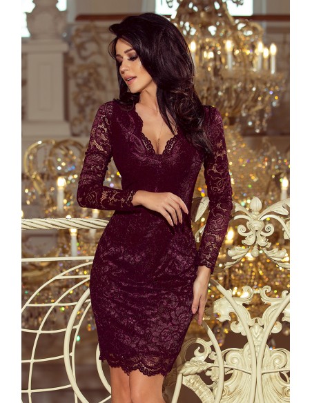  170-10 Lace dress with long sleeves and a neckline - dark plum 