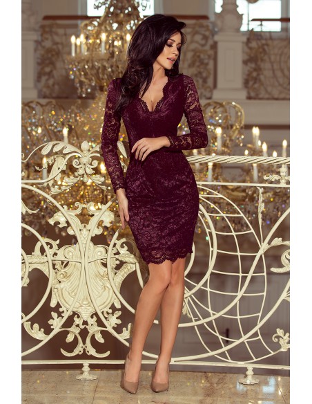  170-10 Lace dress with long sleeves and a neckline - dark plum 