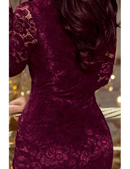  170-10 Lace dress with long sleeves and a neckline - dark plum 