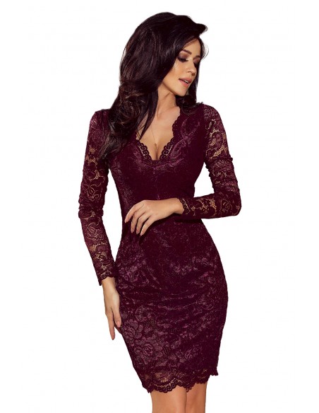  170-10 Lace dress with long sleeves and a neckline - dark plum 