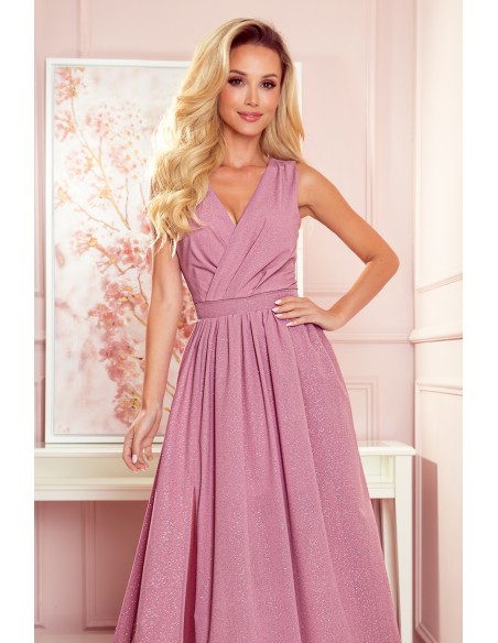  362-1 JUSTINE Long dress with a neckline and a tie - powder pink with glitter 
