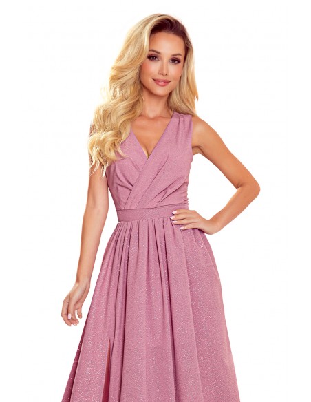  362-1 JUSTINE Long dress with a neckline and a tie - powder pink with glitter 
