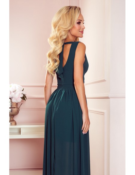  362-2 JUSTINE Long dress with a neckline and a tie - green 