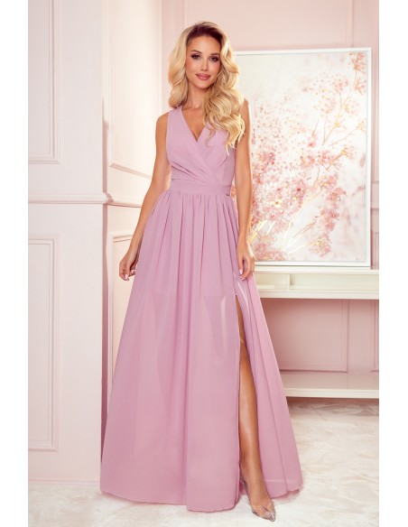  362-3 JUSTINE Long dress with a neckline and a tie - dirty pink 